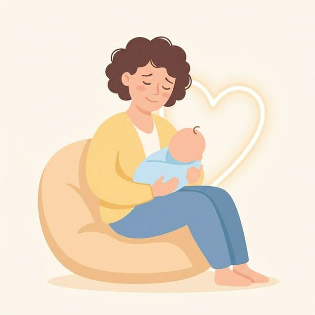 一位疲惫但温柔的新妈妈抱着宝宝