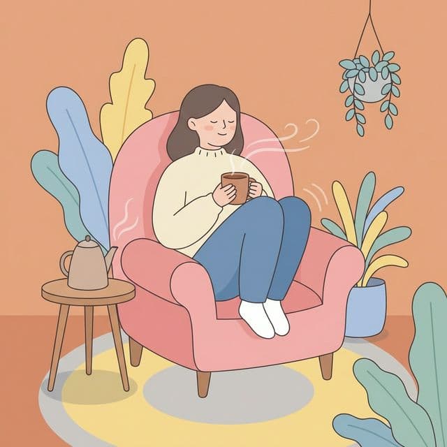 一位女性独自坐在沙发上喝着热茶放松