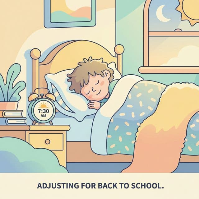 孩子在温暖的床上安然入睡，床边有闹钟