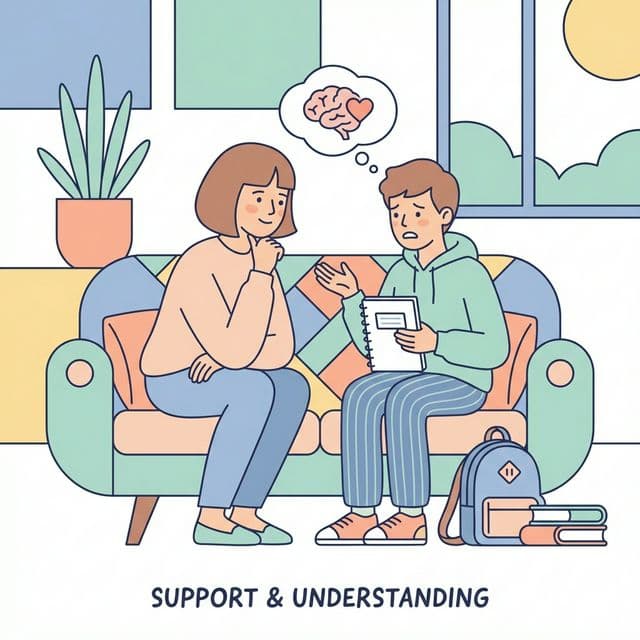 家长和青少年坐在沙发上进行温暖深入的交谈