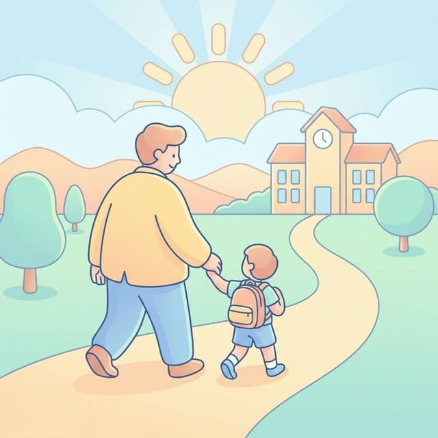 家长牵着孩子的手，在清晨的阳光中走向学校